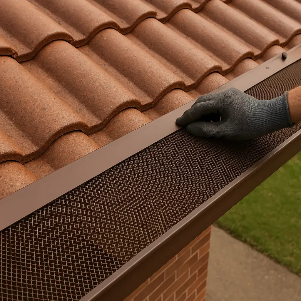 Gutter guard mesh being installed on a terracotta tile roof
