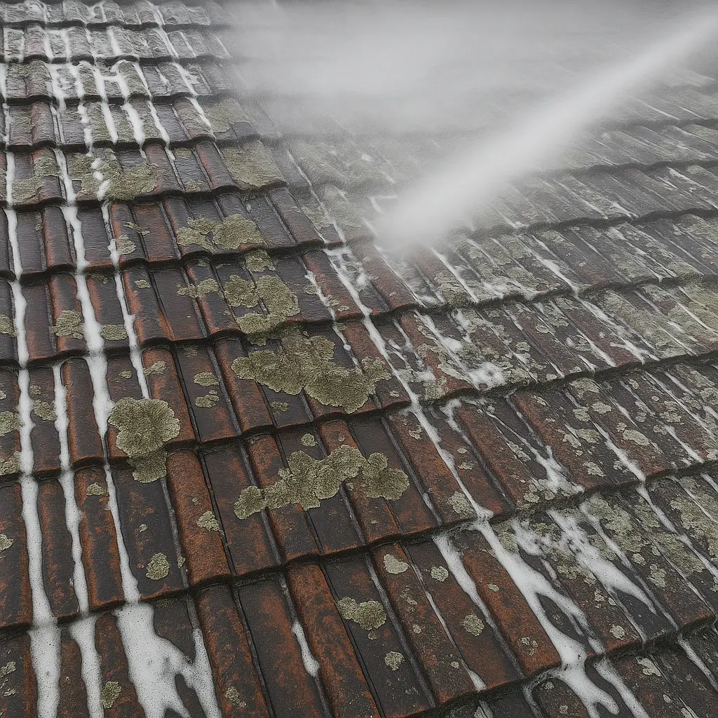 Soft-washing terracotta roof tiles clean