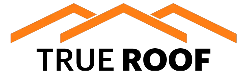 Logo with stylized orange rooftops above the text "TRUE ROOF" on a green background.